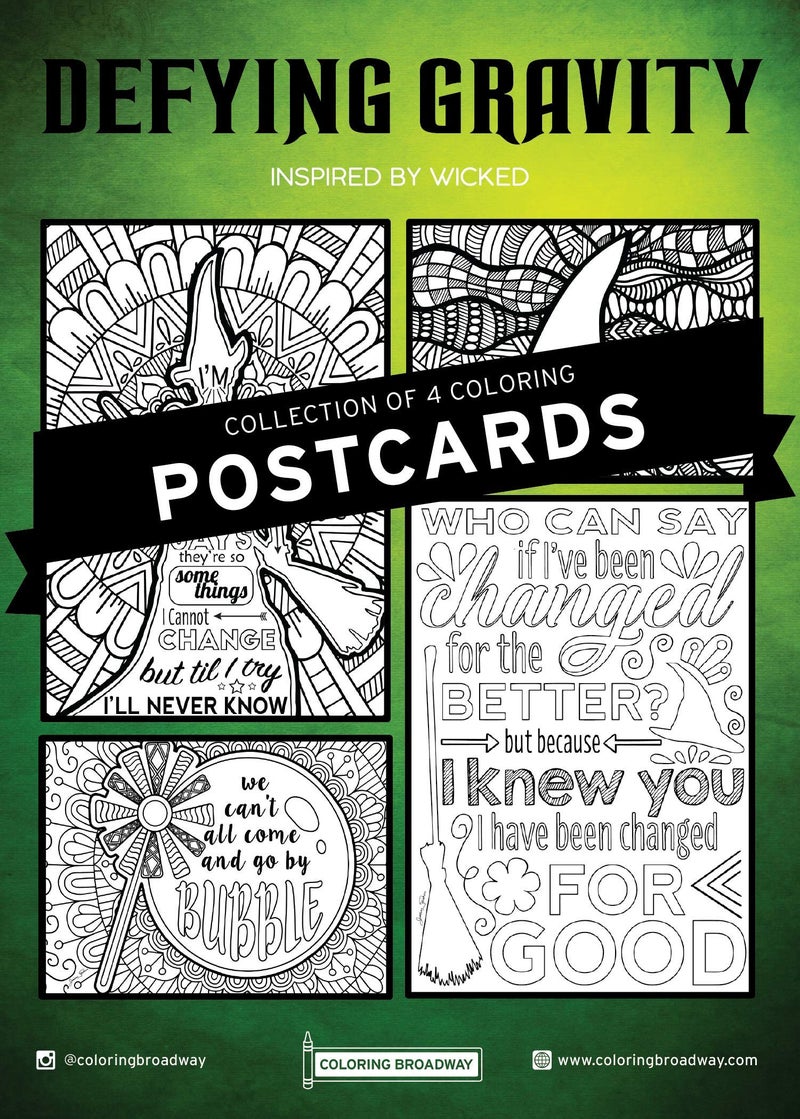 Coloring Broadway - Wicked Inspired Coloring Postcards (Set of 4), Defying Gravity Musical Theater Merchandise, Printed on Matte Card Stock (5â€ x 7â€), Ideal Gift for a Broadway Theater Lover - Image 1